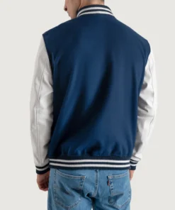 Men's Navy Blue Wool Varsity Jacket White Leather Sleeves back view