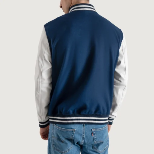 Men's Navy Blue Wool Varsity Jacket White Leather Sleeves back view