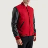 Men's Red Wool & Black Genuine Leather Letterman Varsity Jacket front view