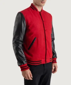 Men's Red Wool & Black Genuine Leather Letterman Varsity Jacket front view