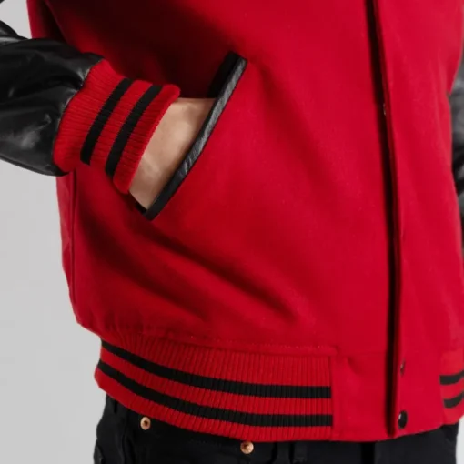 Men's Red / Black Wool & Leather Varsity Jacket - Image 3