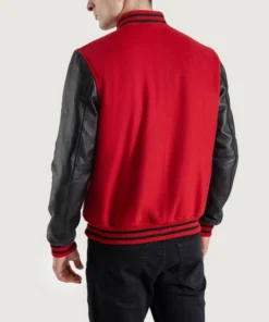 Men's Red Wool & Black Genuine Leather Letterman Varsity Jacket back view