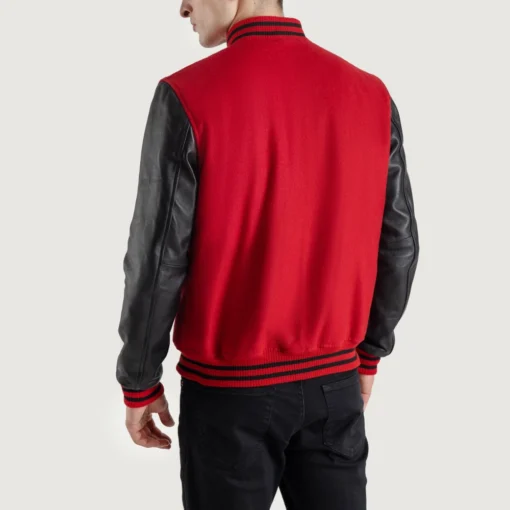 Men's Red Wool & Black Genuine Leather Letterman Varsity Jacket back view