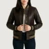 Women's Dark Brown Leather Varsity Jacket front view