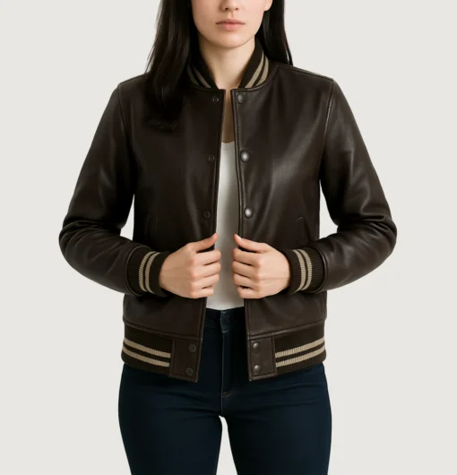 Women's Dark Brown Leather Varsity Jacket front view