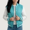 Women's Teal Aqua Wool Varsity Jacket White Leather Sleeves front view