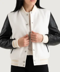 Women's White Wool Varsity Jacket with Black Leather Sleeves front view