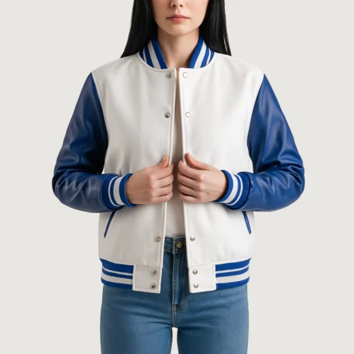 Women's White Wool Varsity Jacket with Blue Leather Sleeves