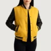 Women's Yellow Wool Varsity Jacket Black Leather Sleeves front view