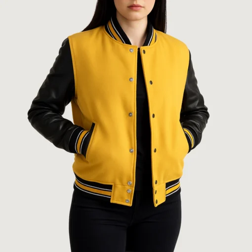 Women's Yellow Wool Varsity Jacket Black Leather Sleeves front view