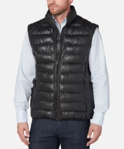 Men’s Western Lightweight Black Puffer Leather Vests front view