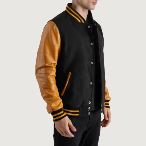 Men’s black varsity letterman jacket with wool body and gold leather sleeves