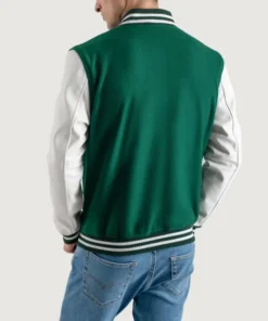 Men’s kelly green varsity letterman jacket with wool body and white leather sleeves side view