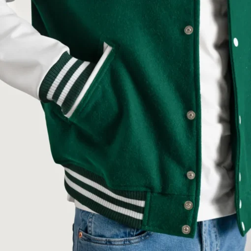 Men’s kelly green varsity letterman jacket with wool body and white leather sleeves