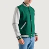 Men’s kelly green varsity letterman jacket with wool body and white leather sleeves main front view