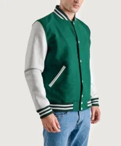 Men’s kelly green varsity letterman jacket with wool body and white leather sleeves main front view