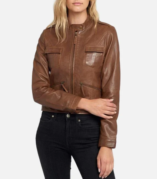 Women’s light brown cafe racer lambskin leather jacket with quilted lining, zipper closure, and band collar